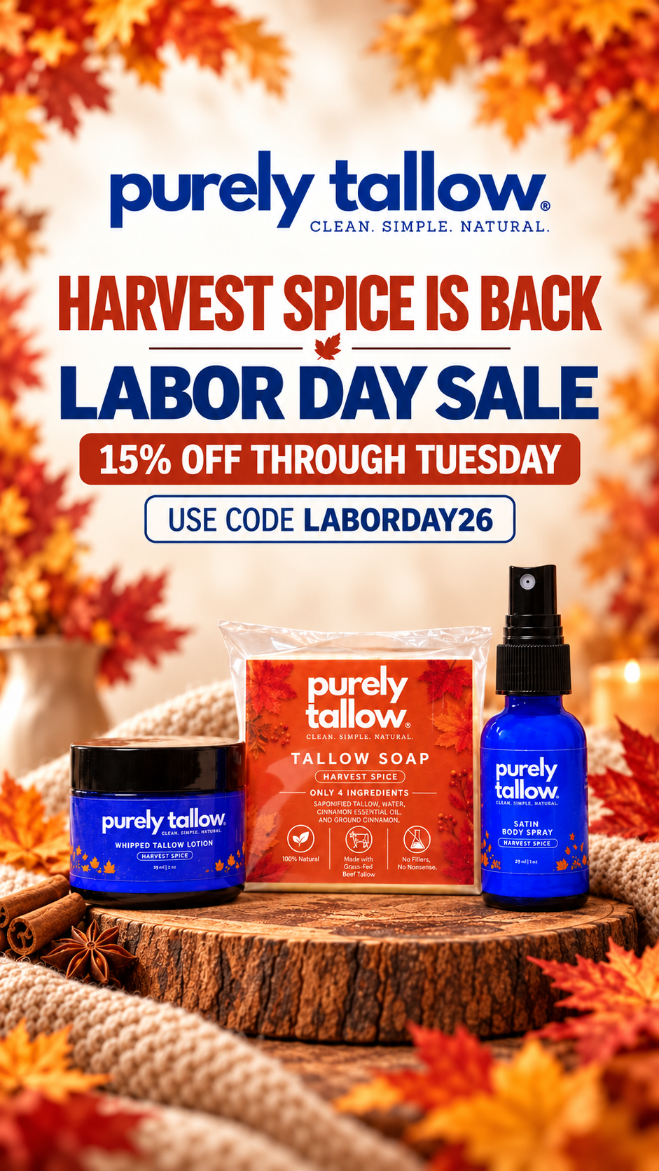 Purely Tallow Skincare Facebook ad: Like Crisp Air. Cozy Tallow.