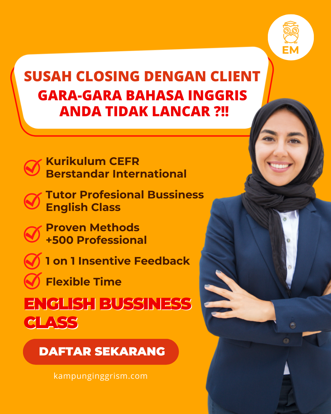Kampung Inggris EM Facebook ad: 3 BULAN SPEAKING PEDE KAYA BULE