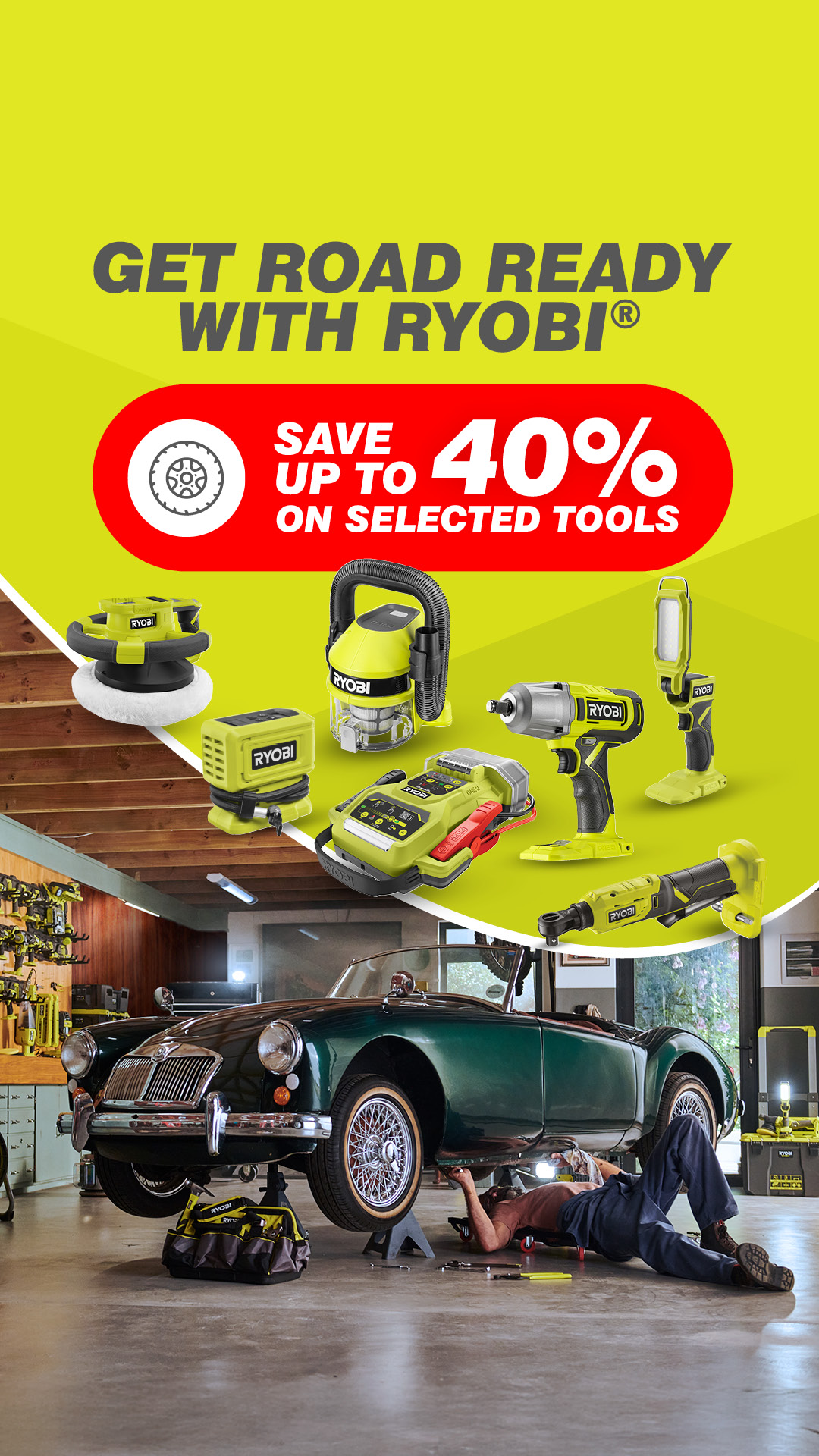 Ryobi Tools UK Facebook ad: Up to 40% OFF Automotive Tools