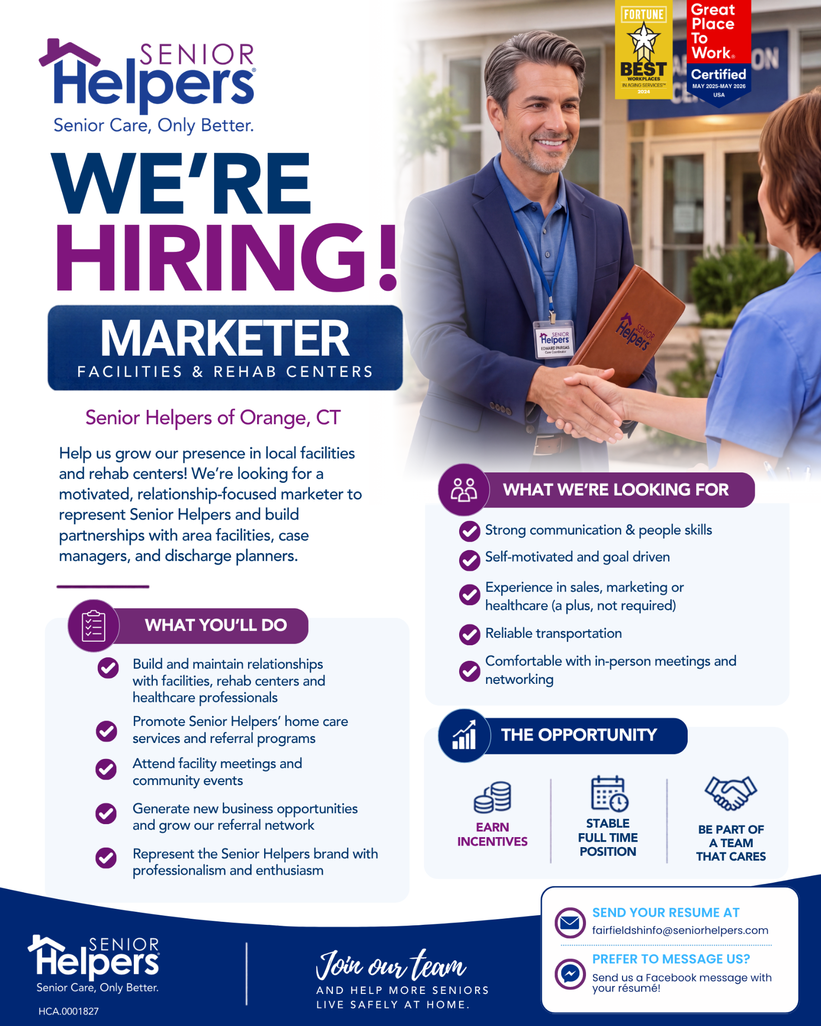 Senior Helpers of Fairfield & New Haven County Facebook ad: WE’RE HIRING: MARKETER, FACILITIES & REHAB CENTERS