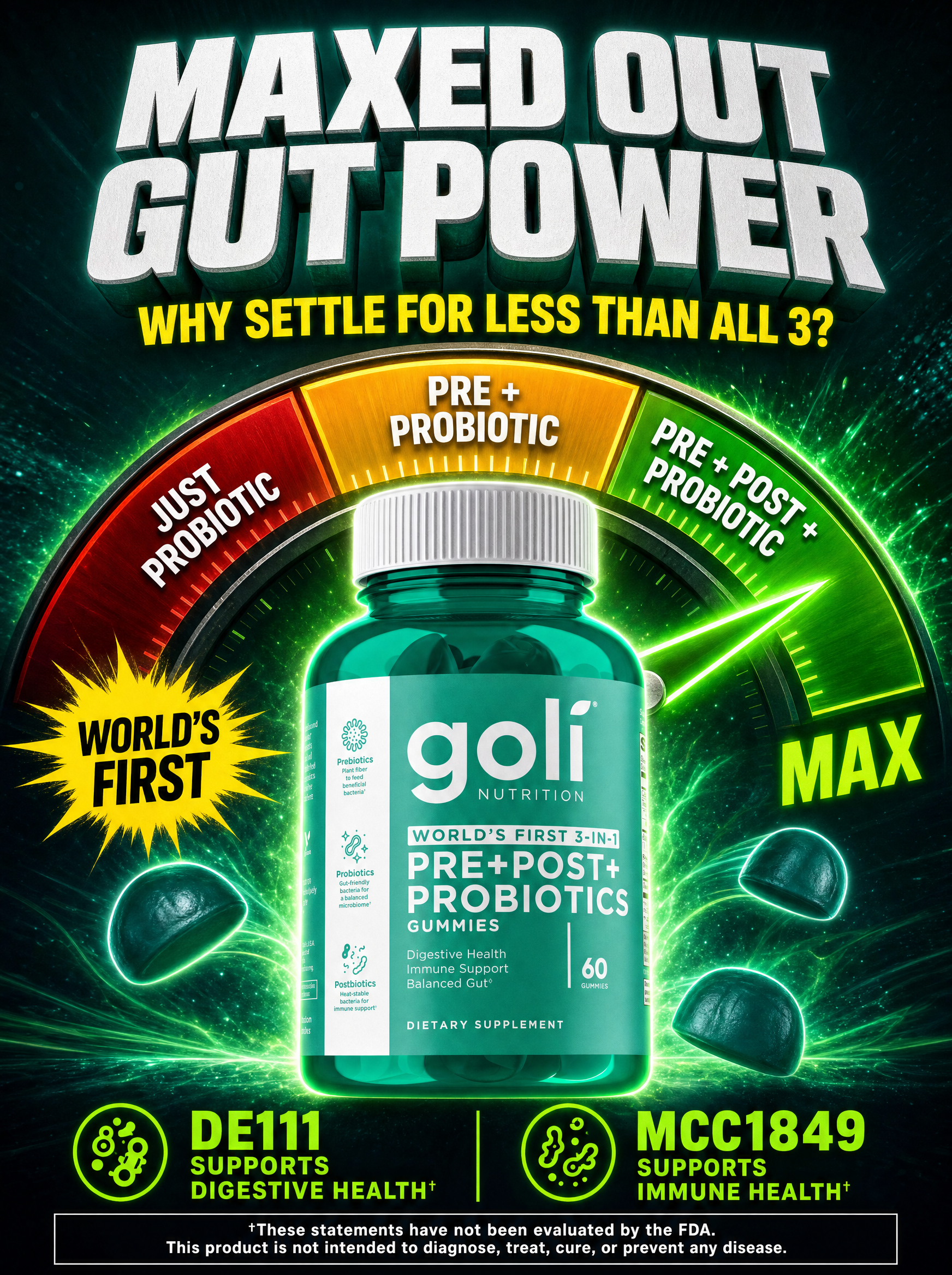 Goli Facebook ad: Three Biotics. One Gummy. World's First.