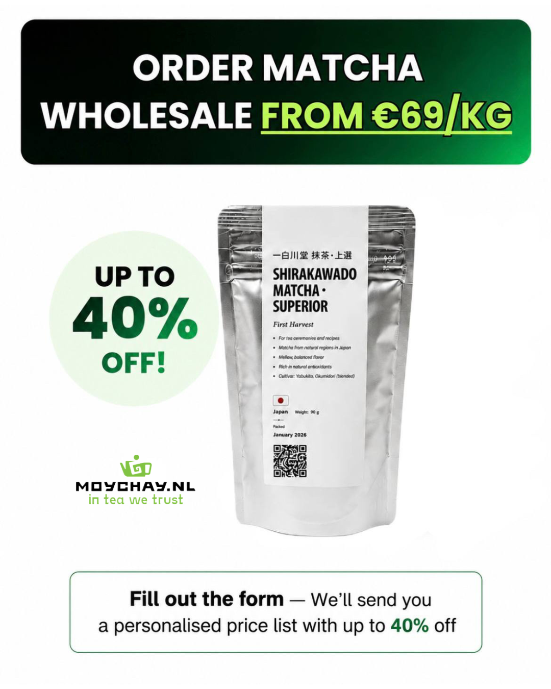 Moychay.nl Amsterdam Tea Culture Club Facebook ad: Order Wholesale Matcha from €300 from €69/kg, Get…