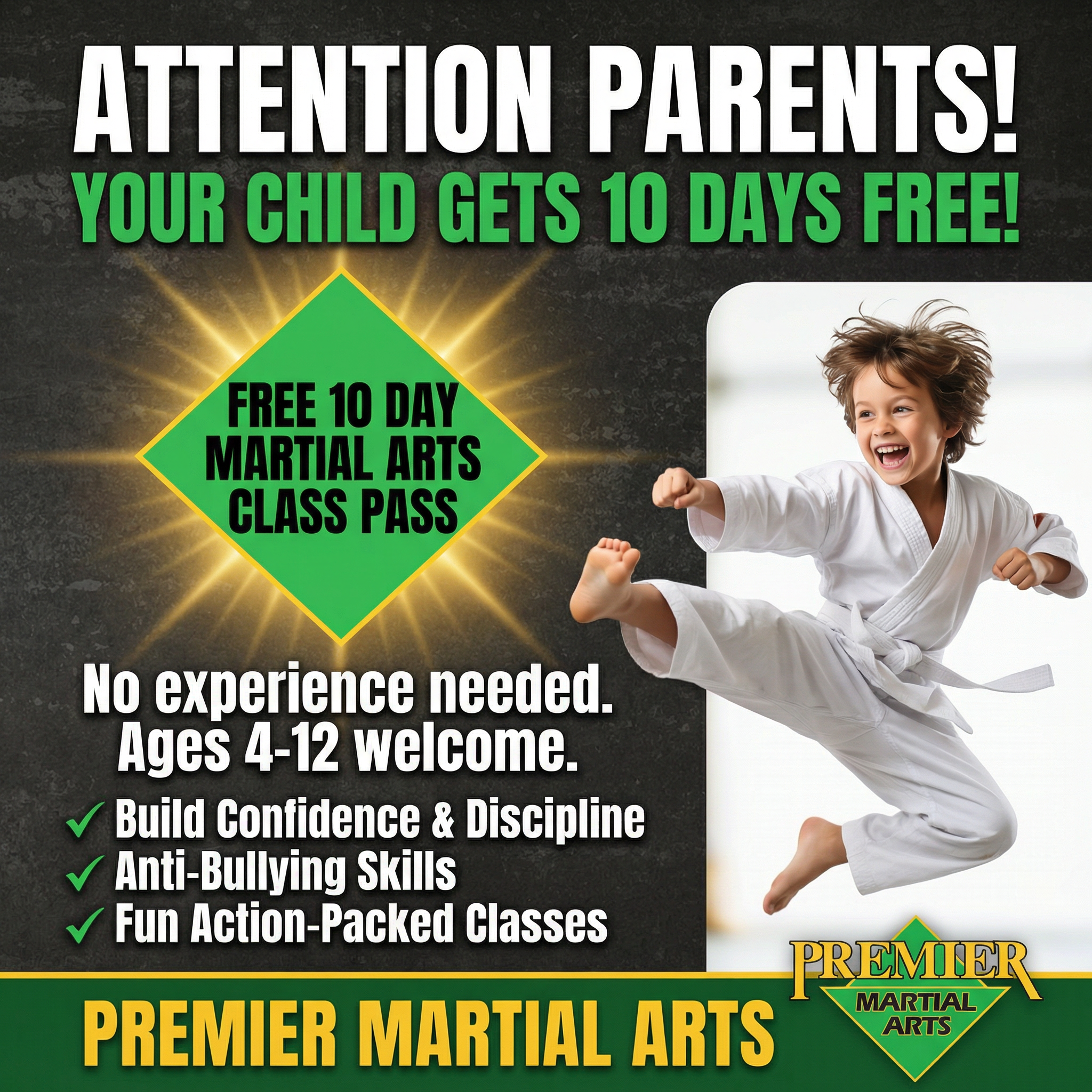 Premier Martial Arts, Glendale AZ Facebook ad: Want a FREE 10-Day, Kids Martial Arts Class Pass?