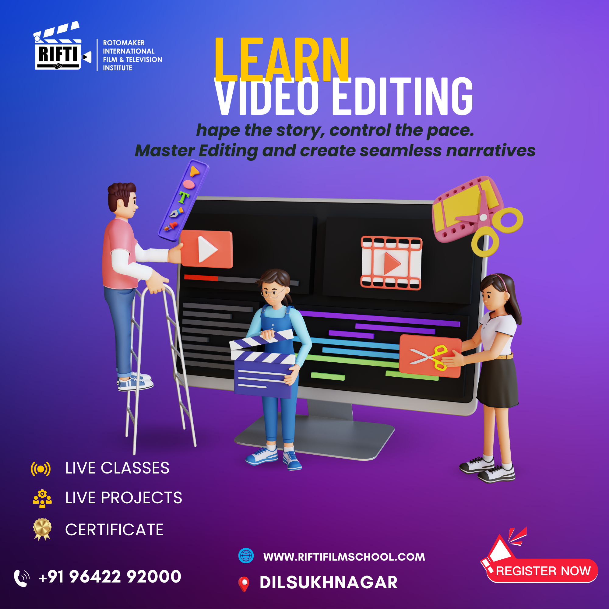 Rifti Film School Facebook ad: Become a Professional Film Editor