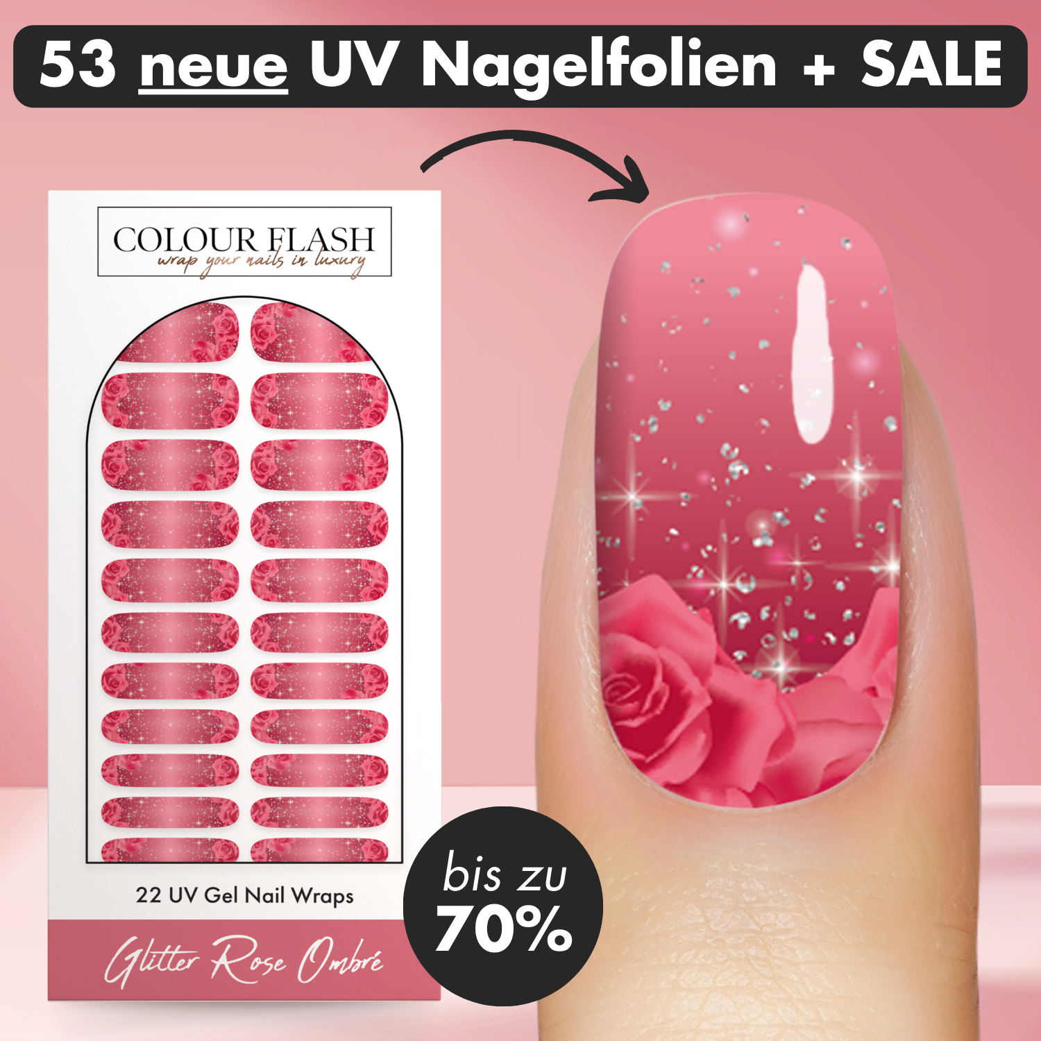 Colour Flash Facebook ad: Mega-SALE: Bis zu 70% Rabatt und 53 neue UV Nagelfolien…