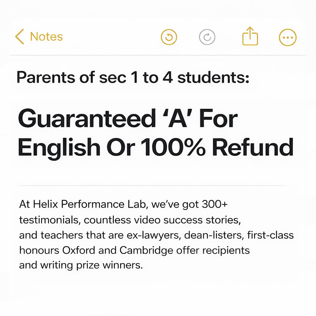 Helix Performance Lab Facebook ad: Guaranteed ‘A’ For English Or 100% Refund