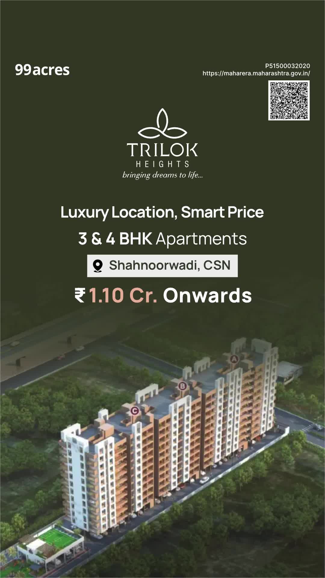 99acres New Project Facebook ad: 3 & 4 BHK Apartment ₹ 1.10 Cr. Onw.