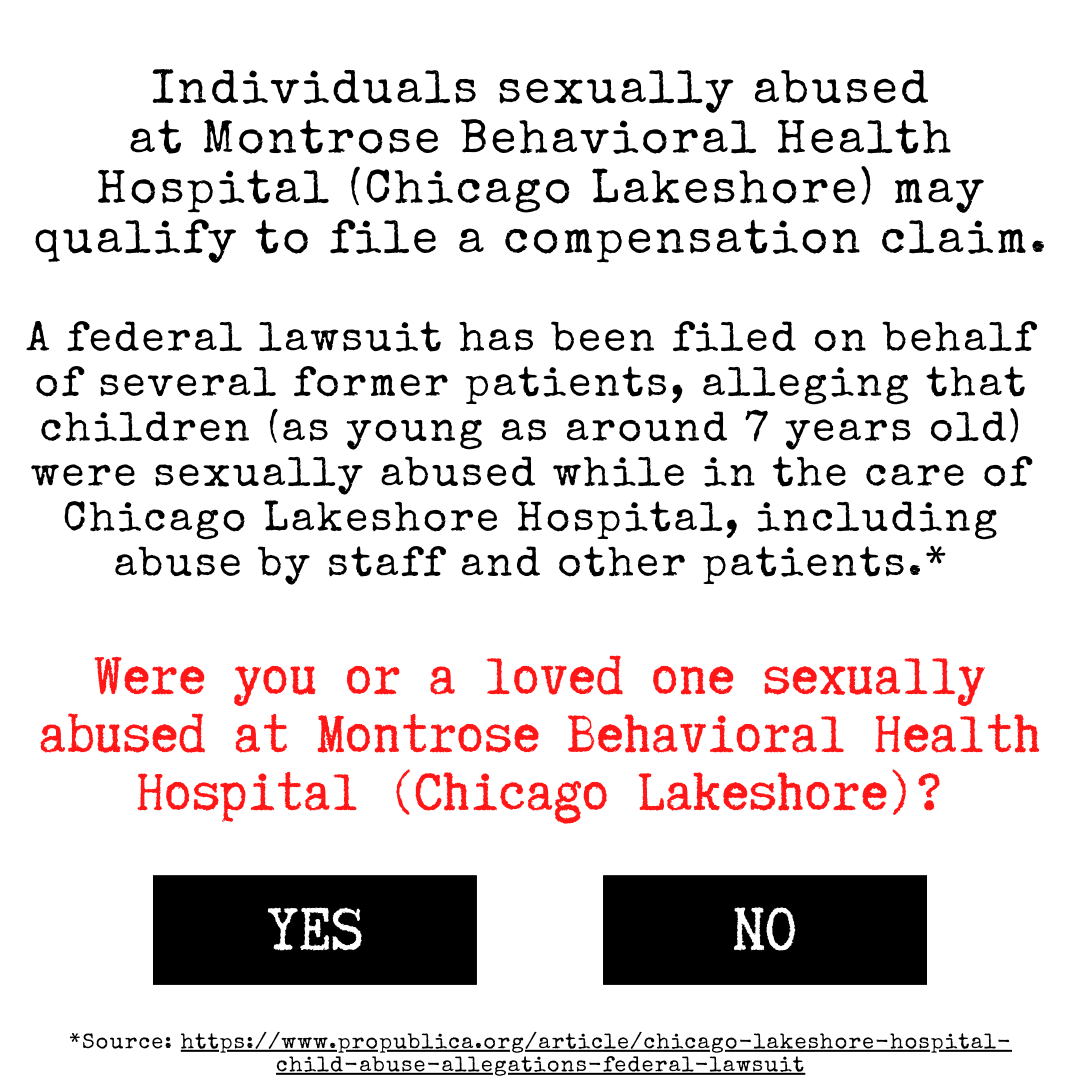 Illinois Abuse Compensation Facebook ad: Report Sexual Abuse at Montrose Hospital (Chicago Lakeshore)
