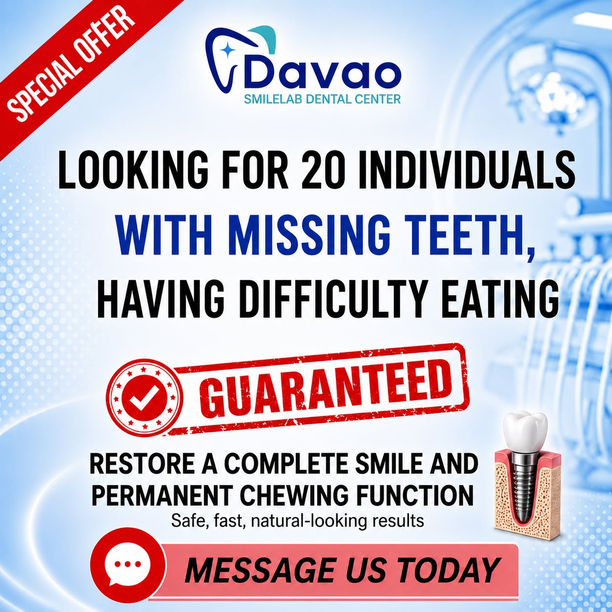 Davao Smilelab - Dental Center Facebook ad: Message Now to Secure Your Special Offer!