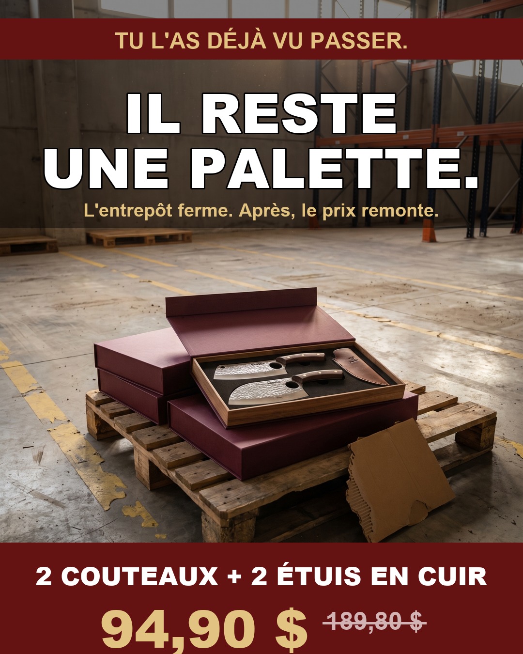 Verudia Facebook ad: Il reste une palette, 2 couteaux pour 94,90 $