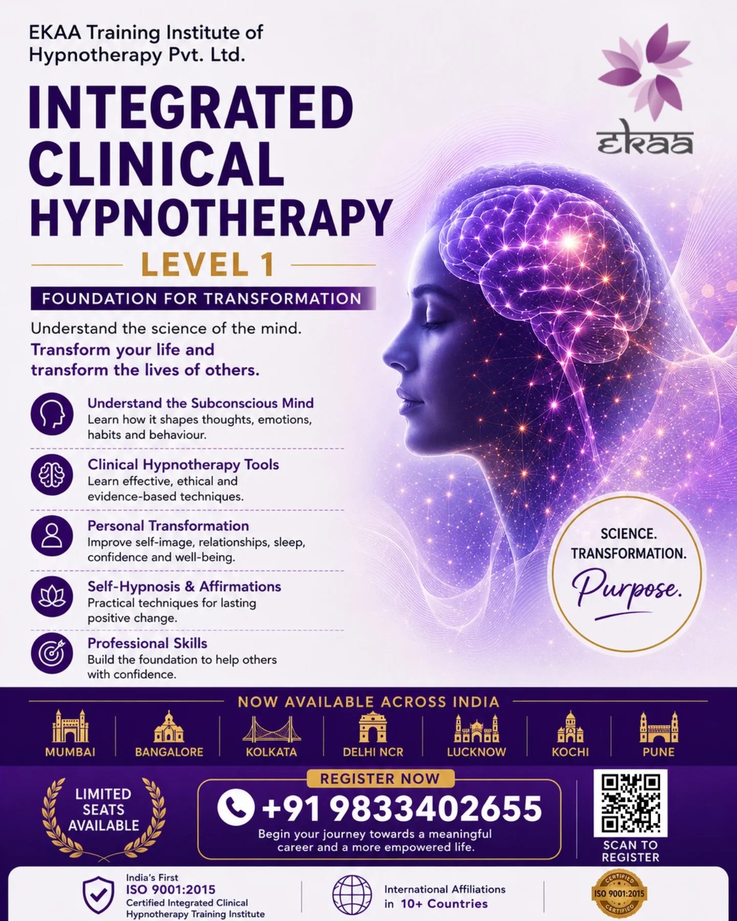 EKAA Training Institute of Hypnotherapy Pvt Ltd. Facebook ad: Integrated Clinical Hypnotherapy, Level 1.