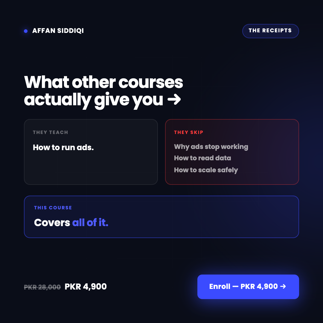 Affan Siddiqi Facebook ad: The last Meta ads course you'll ever need to buy.