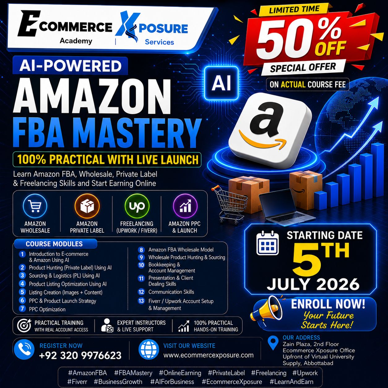 E-commerce Xposure Abbottabad Facebook ad: AI-Powered Amazon FBA Mastery Batch, Starting 5th July…