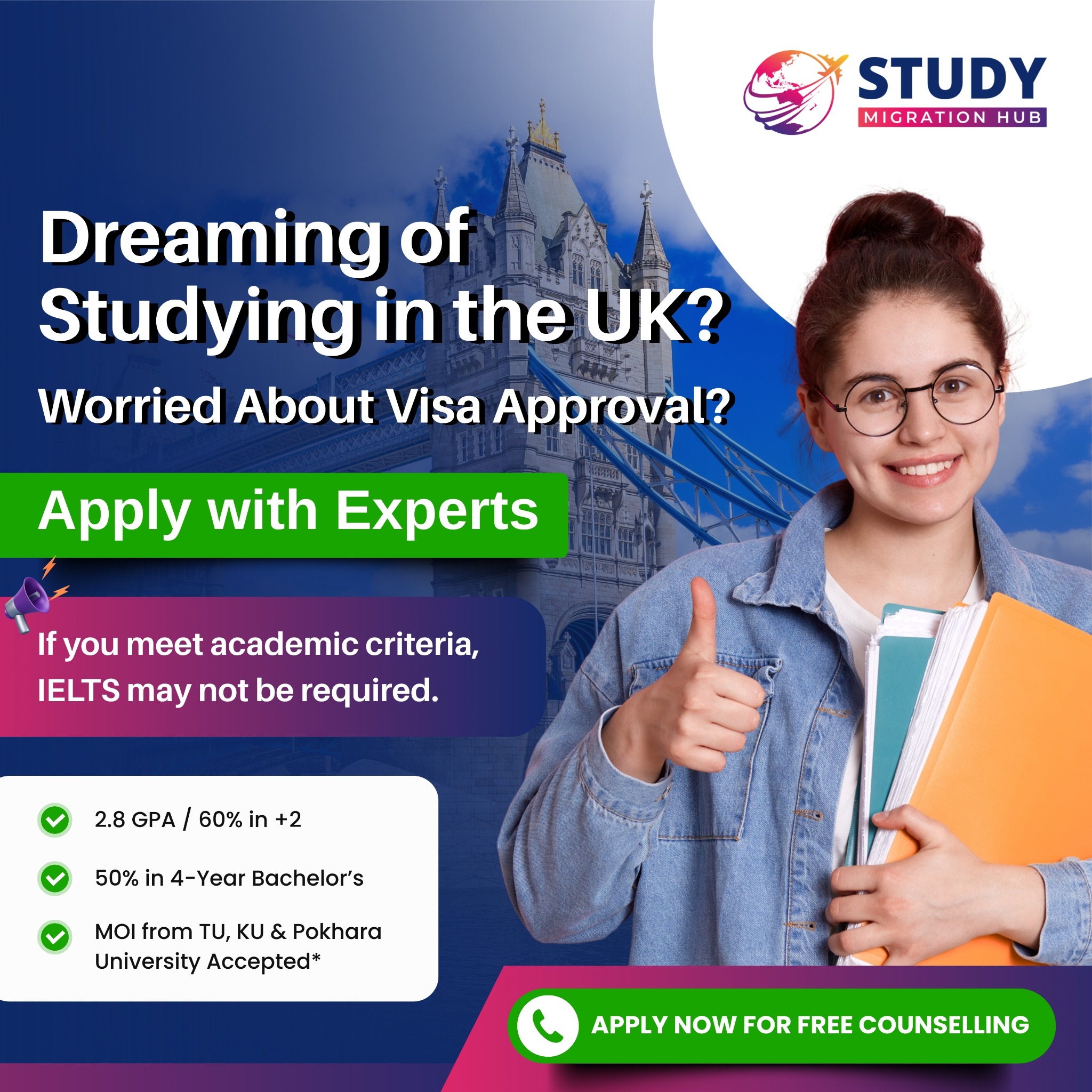 Study Migration Hub Facebook ad: Study in the UK Without IELTS