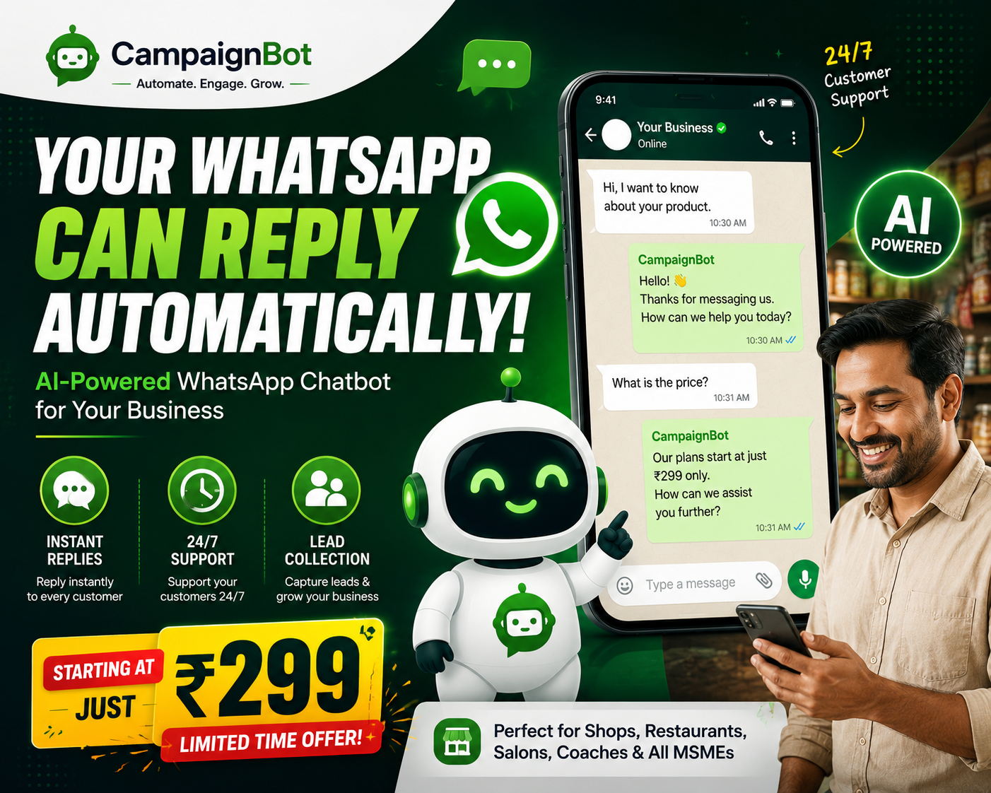 CampaignBot Facebook ad: Still managing customer conversations manually on WhatsApp?
