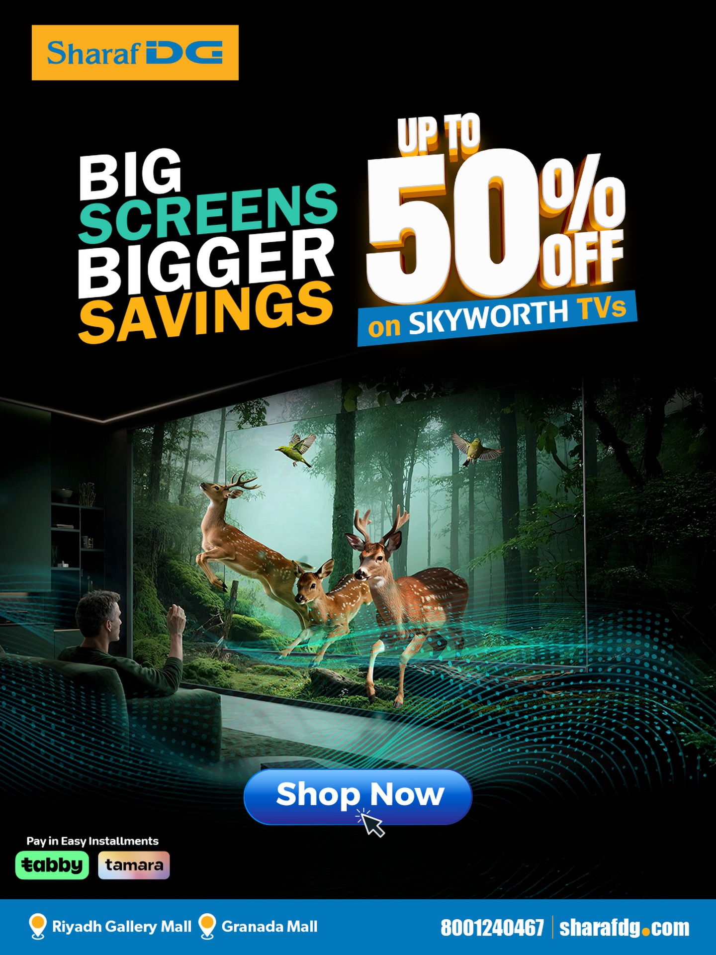 Sharaf DG Saudi Facebook ad: Big screens. Bigger savings.