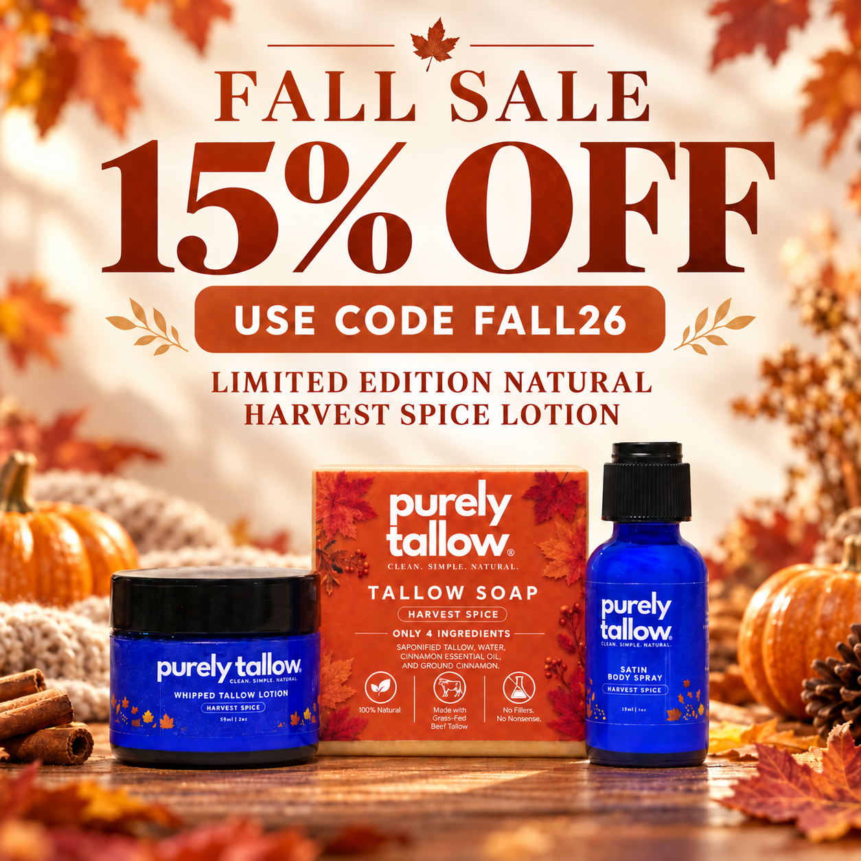 Purely Tallow Skincare Facebook ad: Just natural tallow. 15% off.