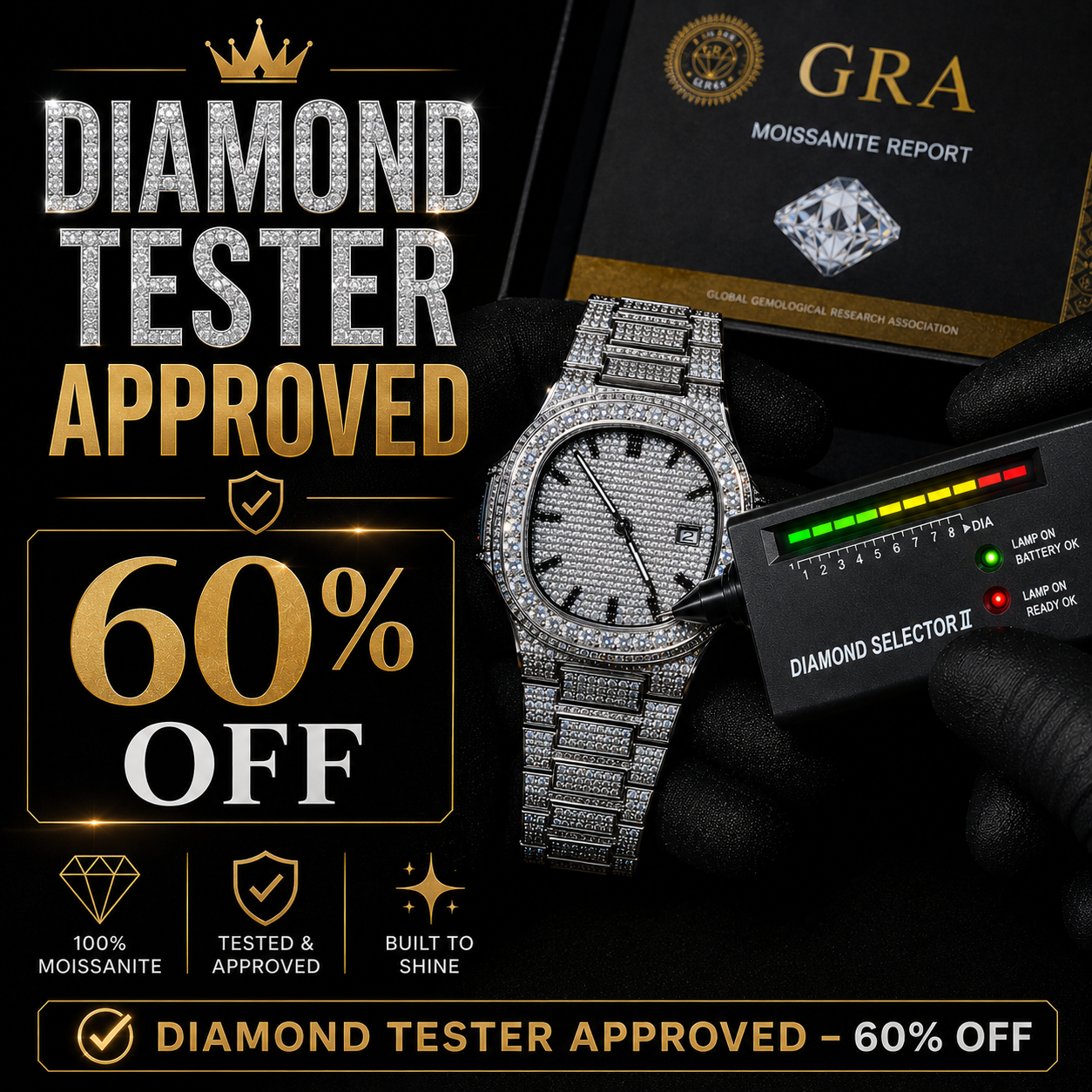 IceClique Jewelry Facebook ad: 60% OFF - VVS1 Moissanite Watch