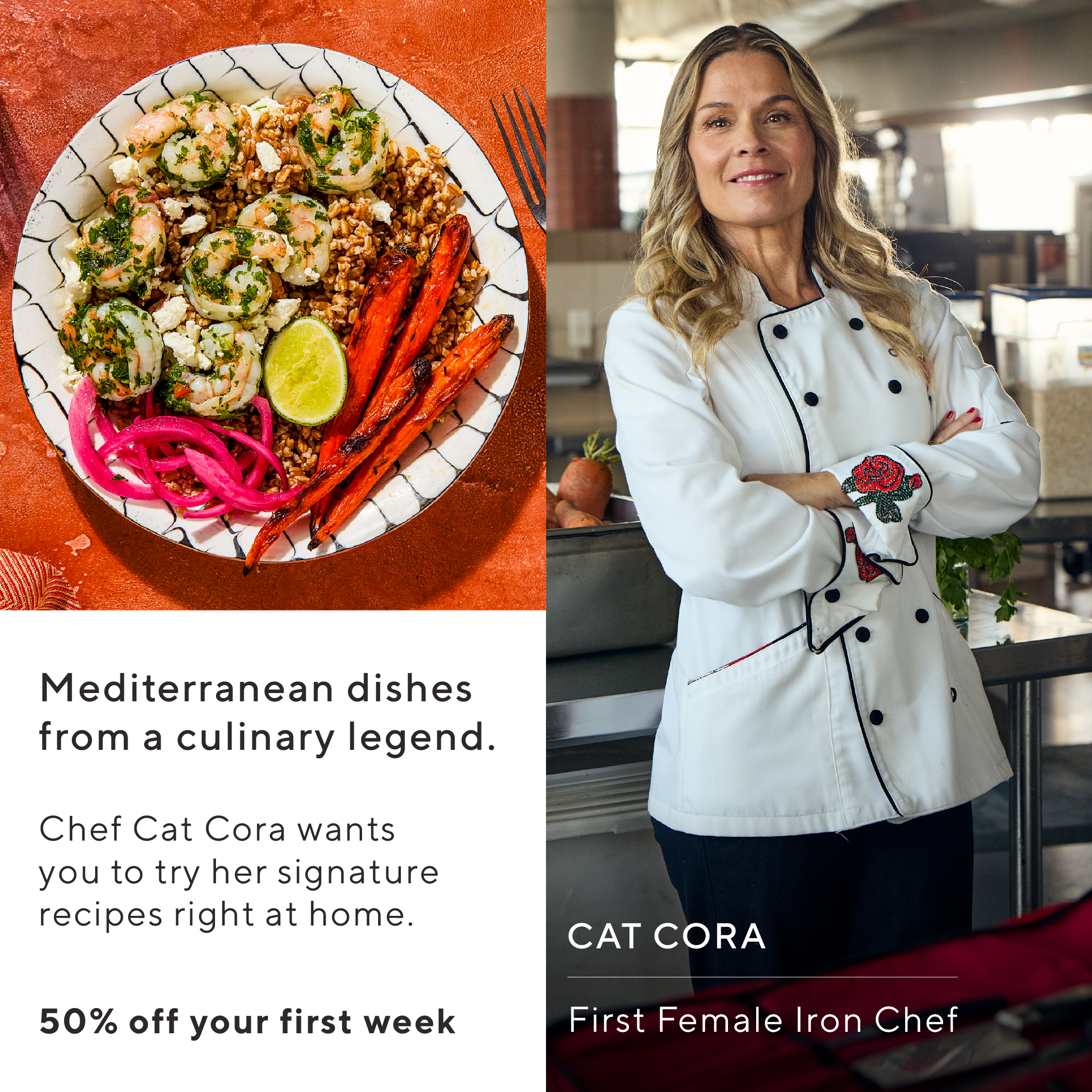 Cat Cora Facebook ad: Click Here to Get 50% Off Your 1st Week!