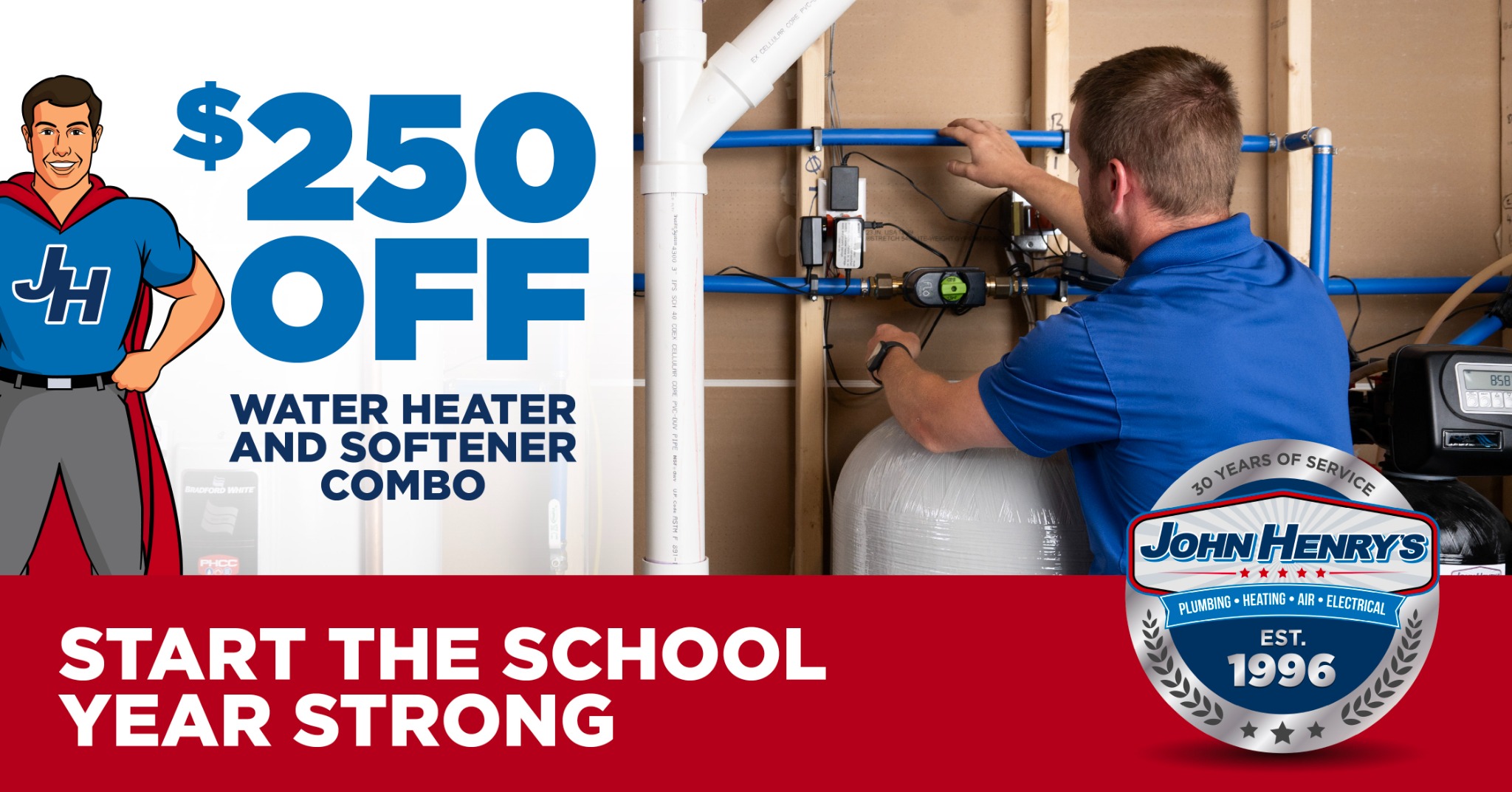 John Henry's Plumbing, Heating, Air, and Electrical Facebook ad from Aug 10, 2026