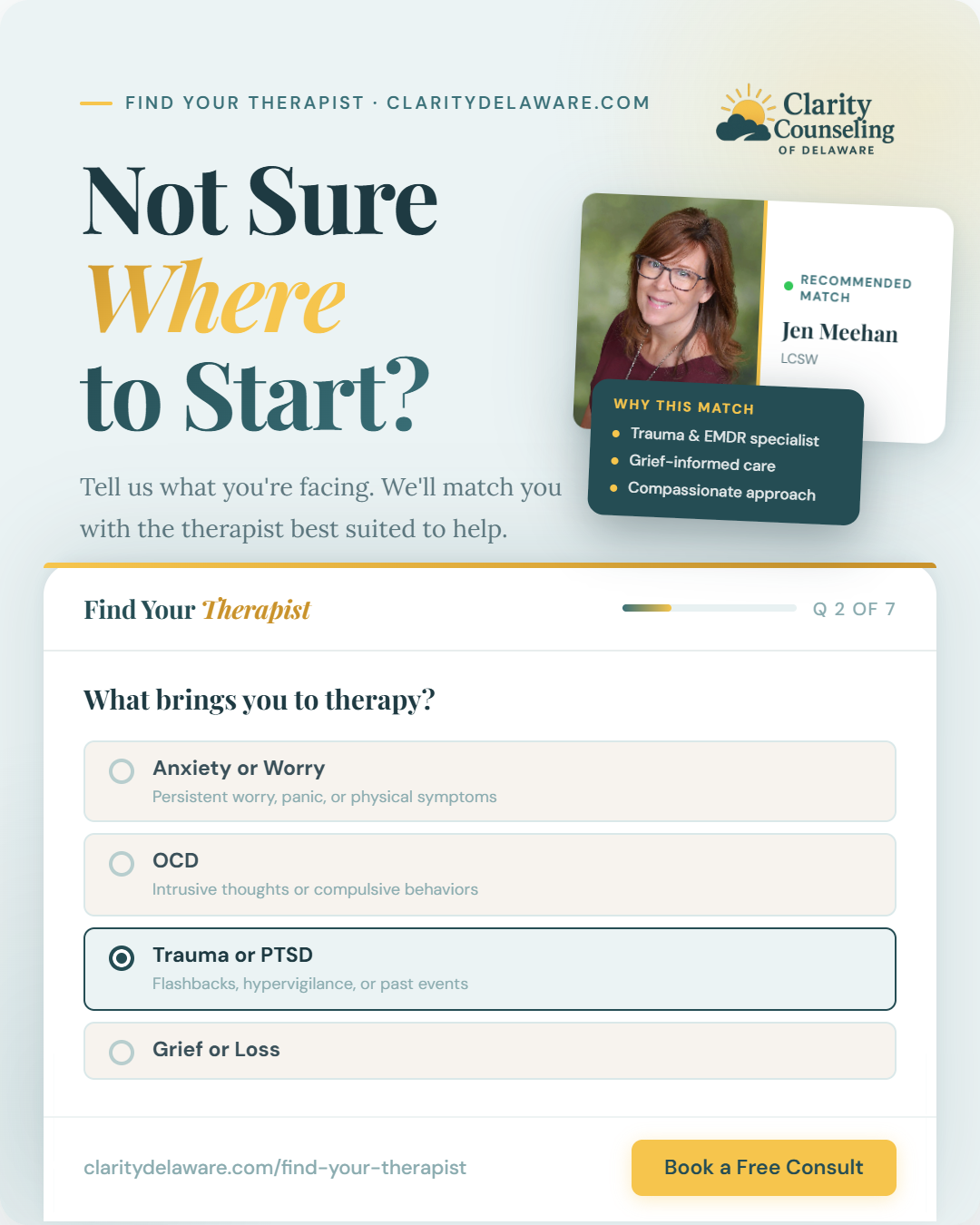 Clarity Counseling of Delaware Inc. Facebook ad from Mar 23, 2026