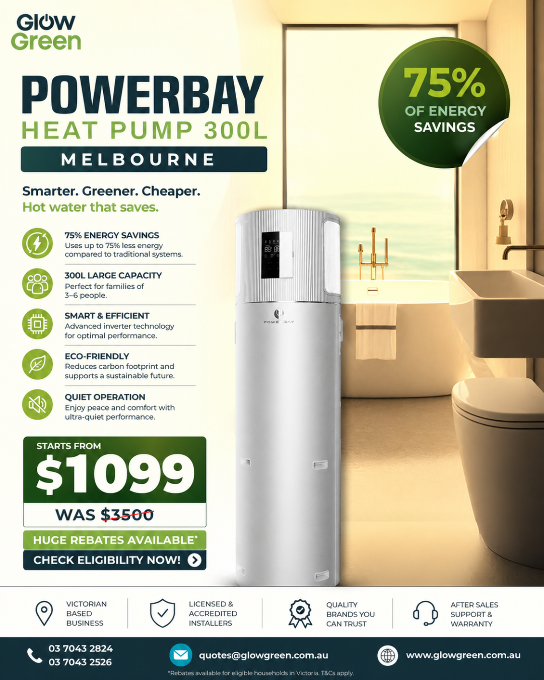Glow Green Au Facebook ad: Powerbay 300L Heat Pump, Save Up to 75%