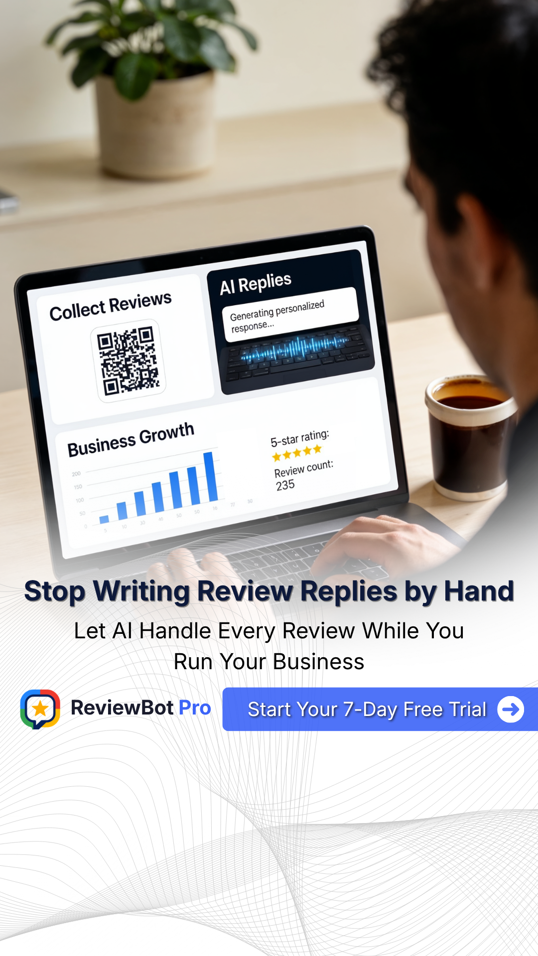 Reviewbot Pro Facebook ad: More Reviews. Less Work.