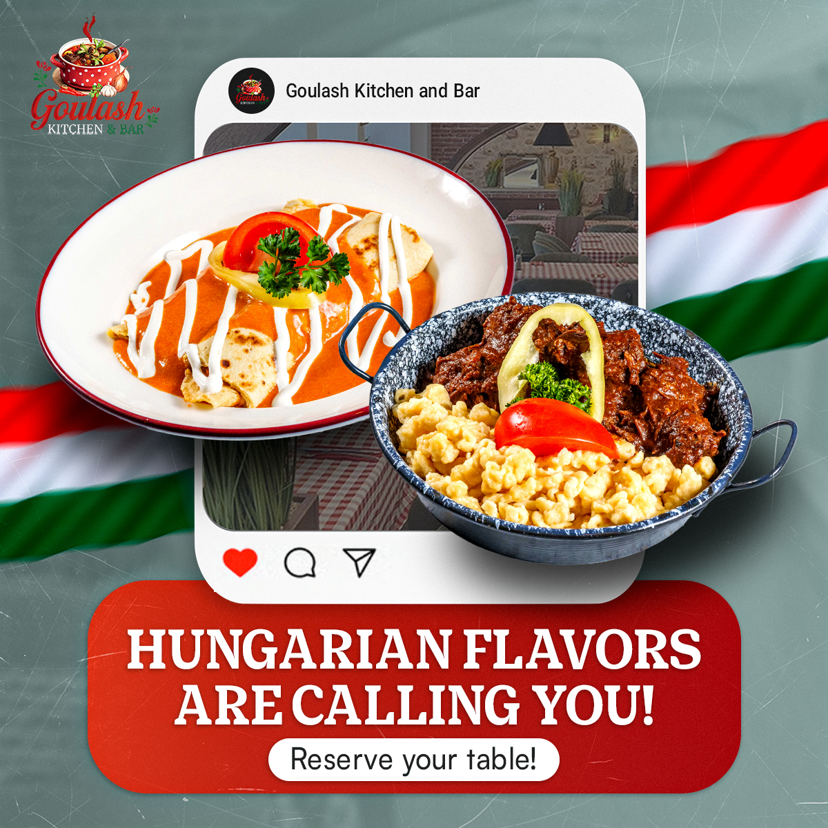 Goulash Kitchen and Bar Facebook ad: Reserve your Hungarian dinner experience