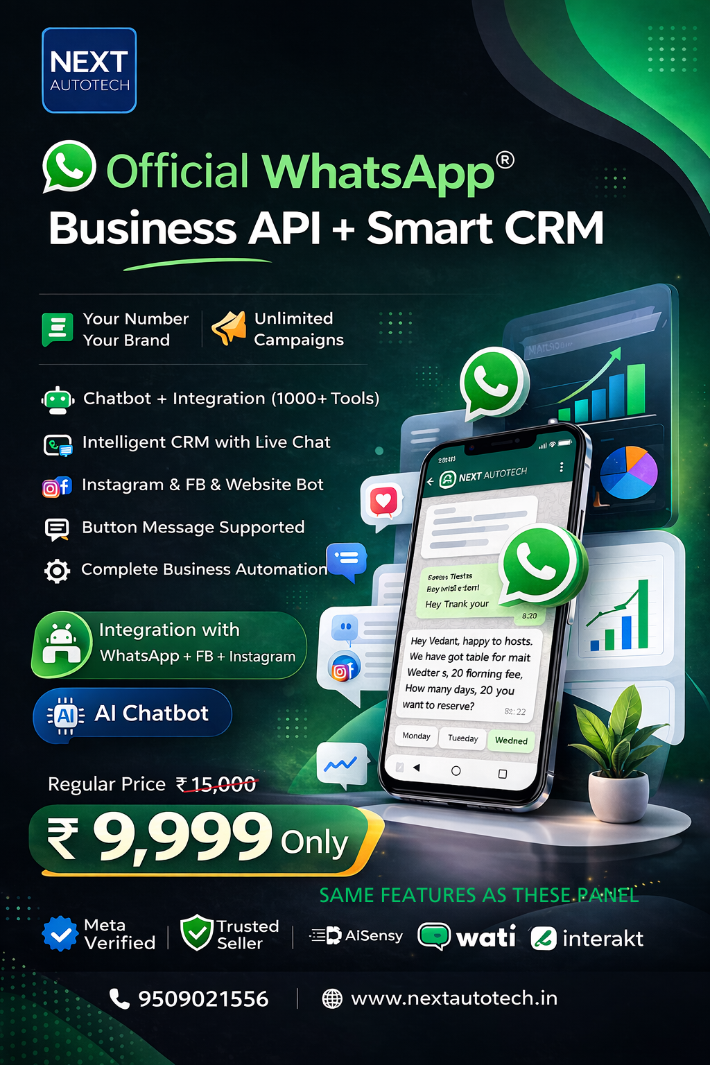 Next Autotech Facebook ad: Get Official WA API + CRM for ₹9,999