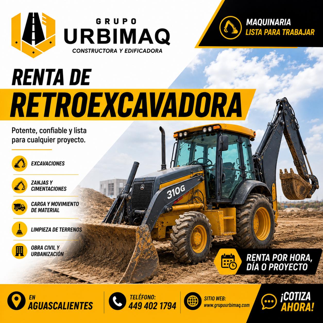 Grupo Urbimaq MX Facebook ad: ¡RETROEXCAVADORA EN RENTA!