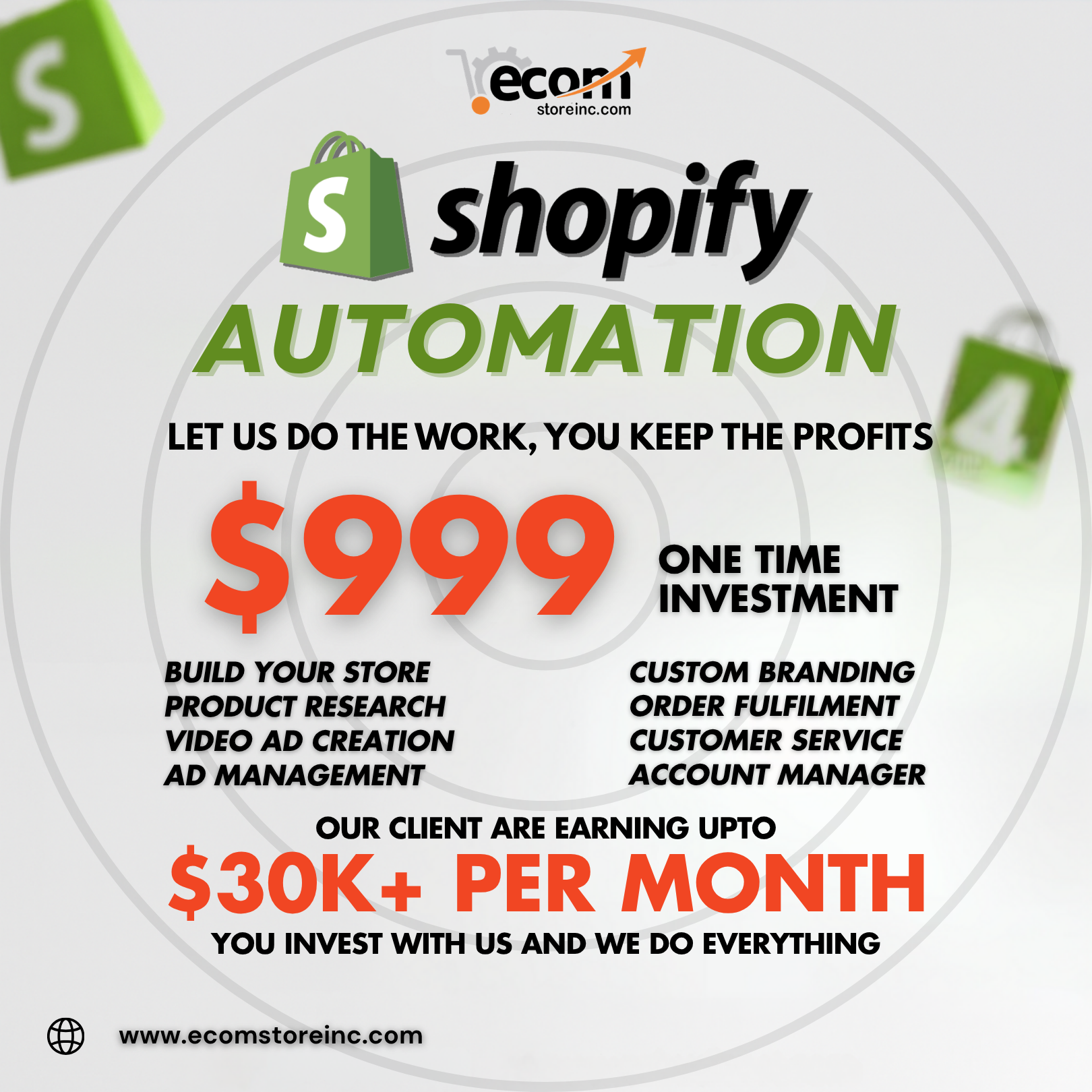 Ecom Store INC Facebook ad: Shopify Store Automation