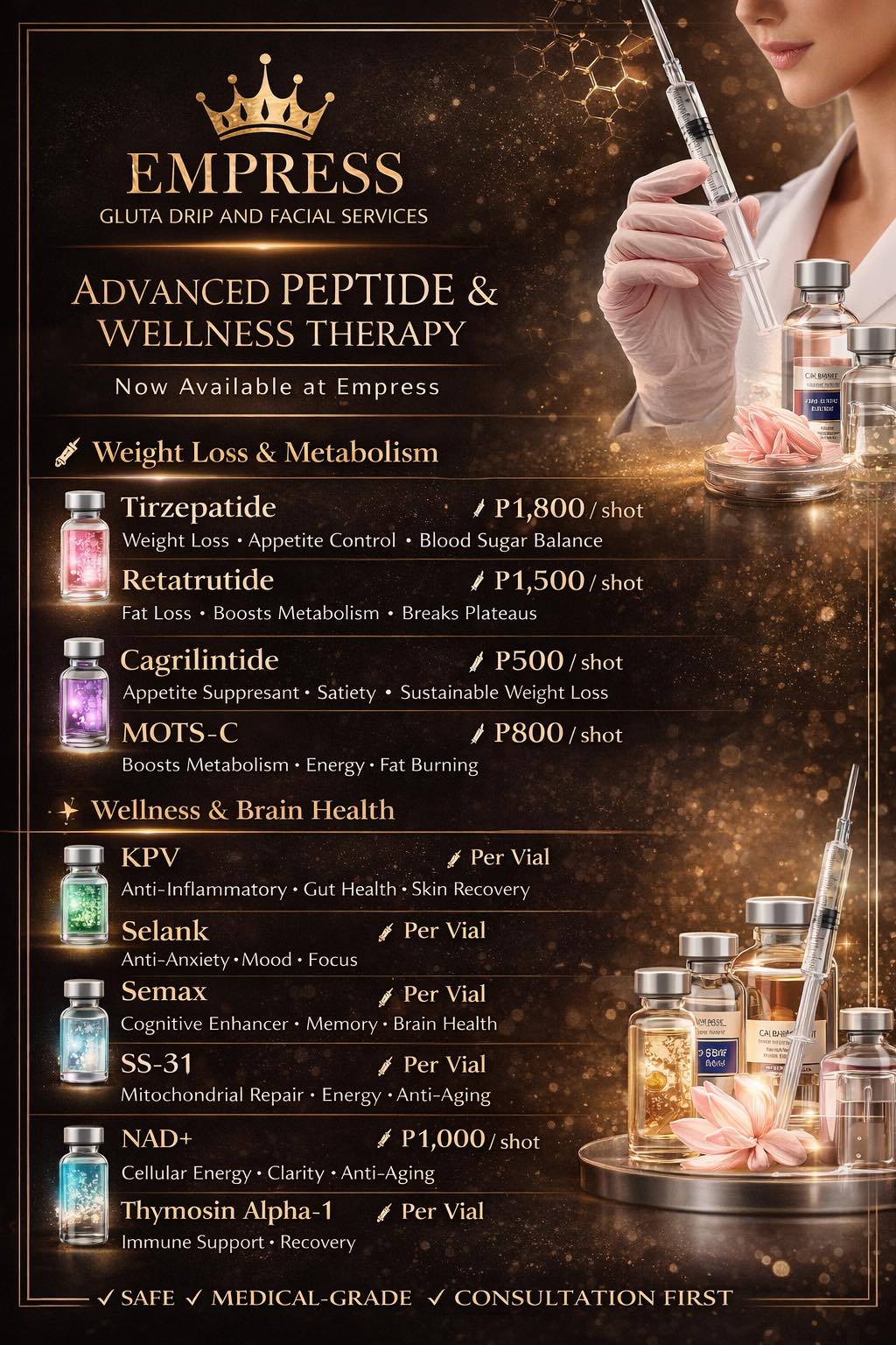 Empress Gluta and Facial Service MAIN Facebook ad: Advanced Peptide & Wellness Therapy is now available…