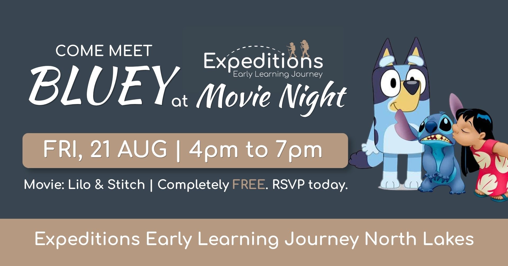 Expeditions Early Learning Journey - North Lakes Facebook ad: Come Meet Bluey at Expeditions Movie Night
