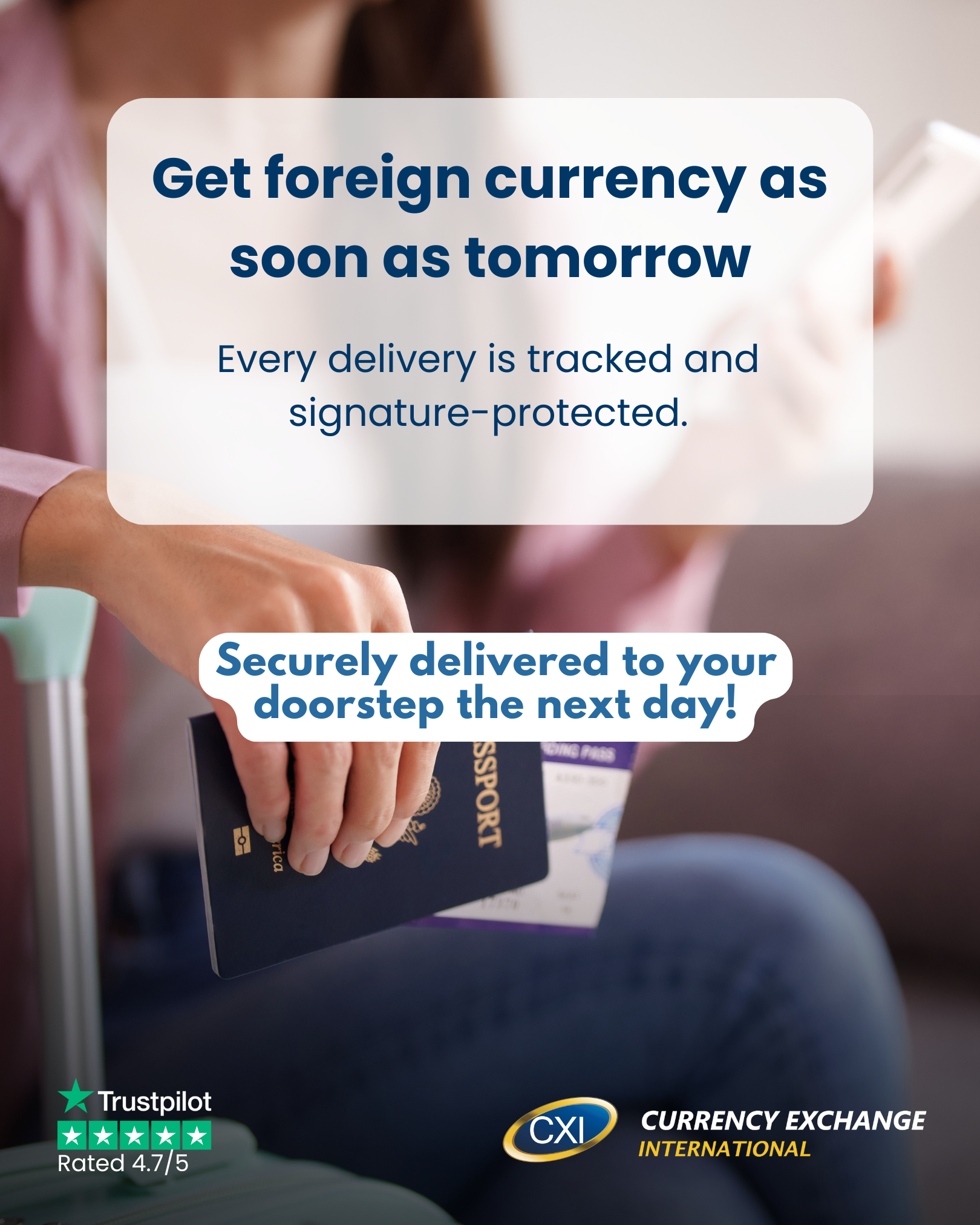 Currency Exchange International Facebook ad: Travel Money Delivered to Your Home Tomorrow