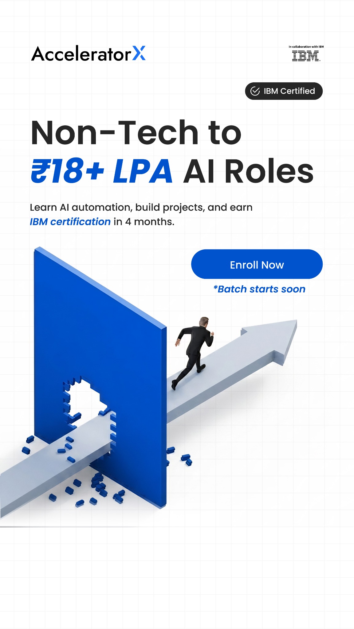 AcceleratorX Facebook ad: 16 weeks +IBM certification +Placement assistance