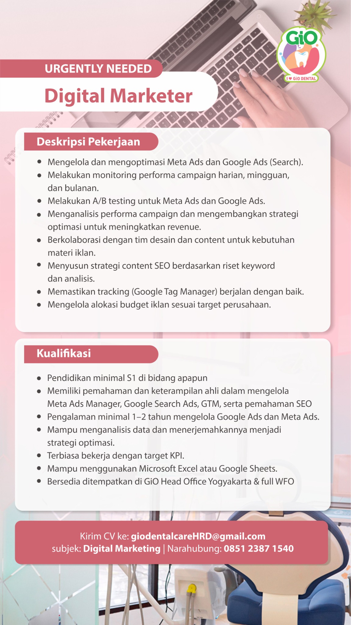 Klinik Gigi GiO Facebook ad: Lowongan Digital Marketing Jogja