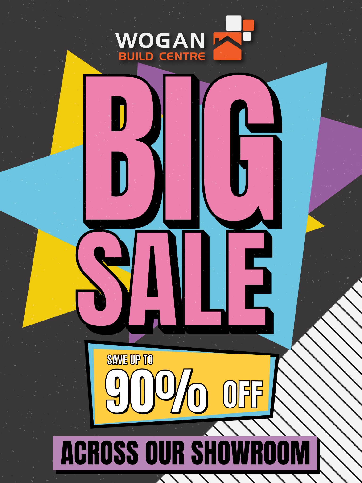 Wogan Build Centre Facebook ad: Up to 90% Off in The Big Sale