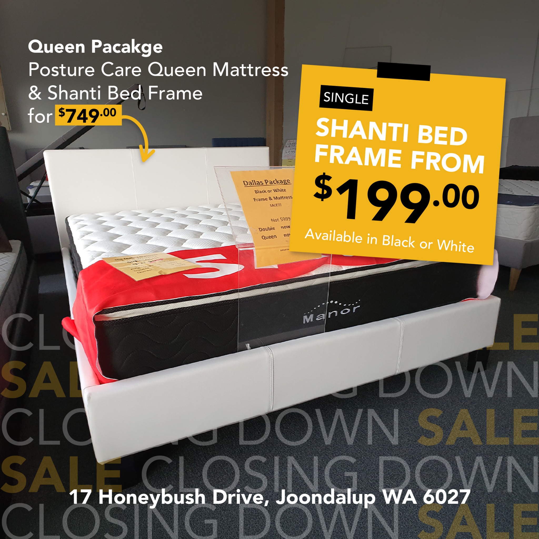 Kev's Beds Facebook ad: BED FRAMES & MATTRESS CLOSING DOWN SALE!