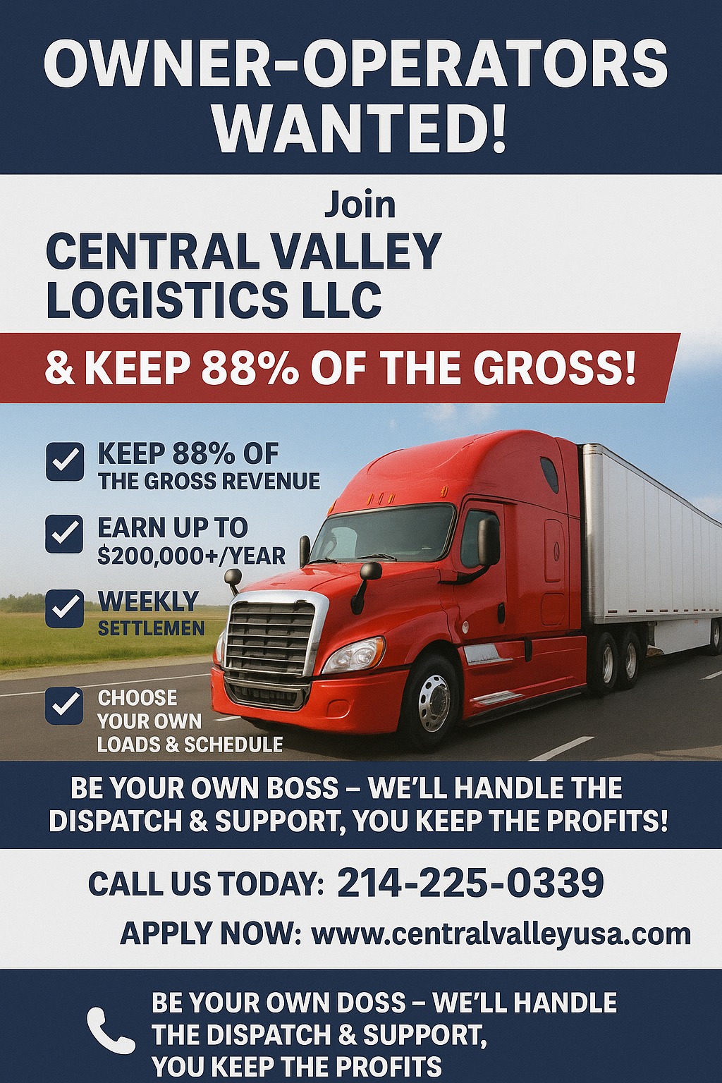 Central Valley logistics Facebook ad: JOIN OUR TEAM, CALL US 214-225-0339