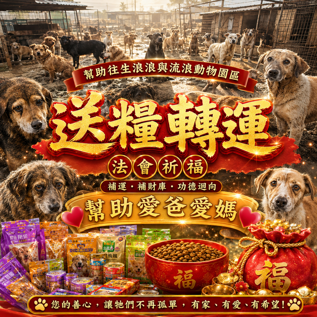毛孩祈福堂 Facebook ad: 【送糧轉運|幫助浪浪也替自己累積福報】 祈安賜財補財庫法會+毛孩功德迴向