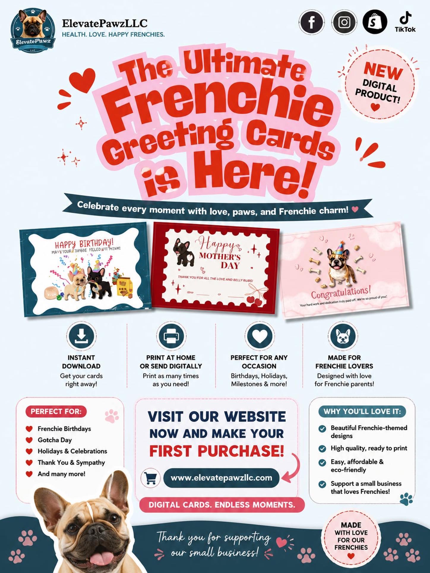 elevatepawz Facebook ad: The Ultimate Frenchie Greeting Cards are HERE!