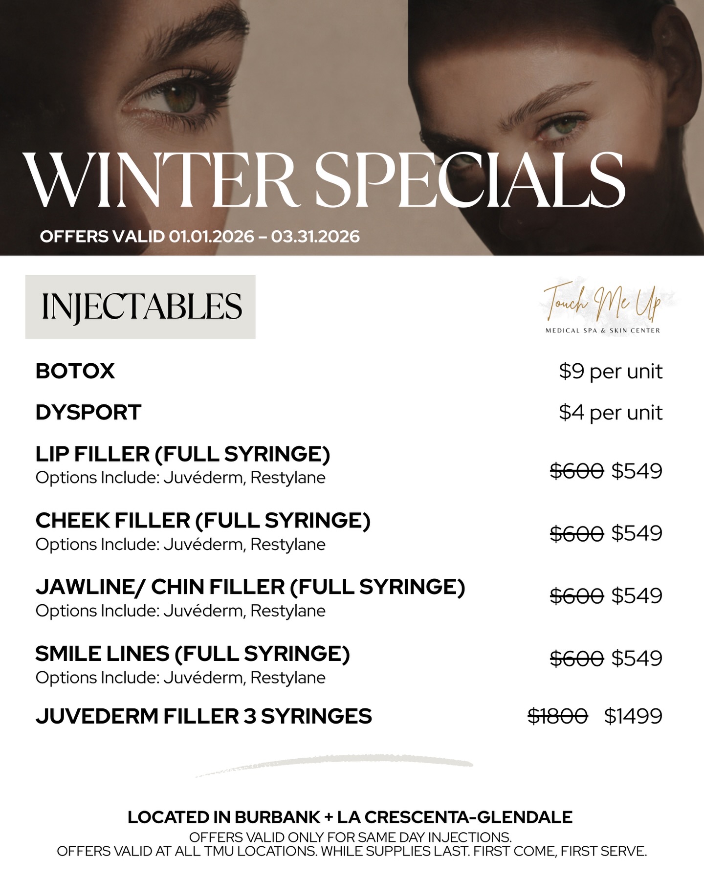 Touch Me Up Medical Spa & Skin Center Facebook ad: Check Out Our Winter 2026 Specials