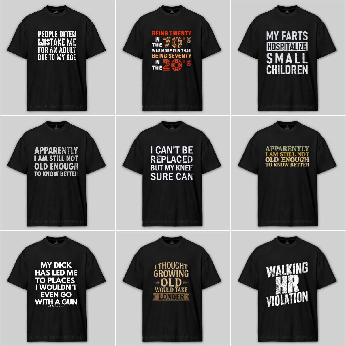 Maturelion Funny Clothing Facebook ad: Every shirt = a punchline.