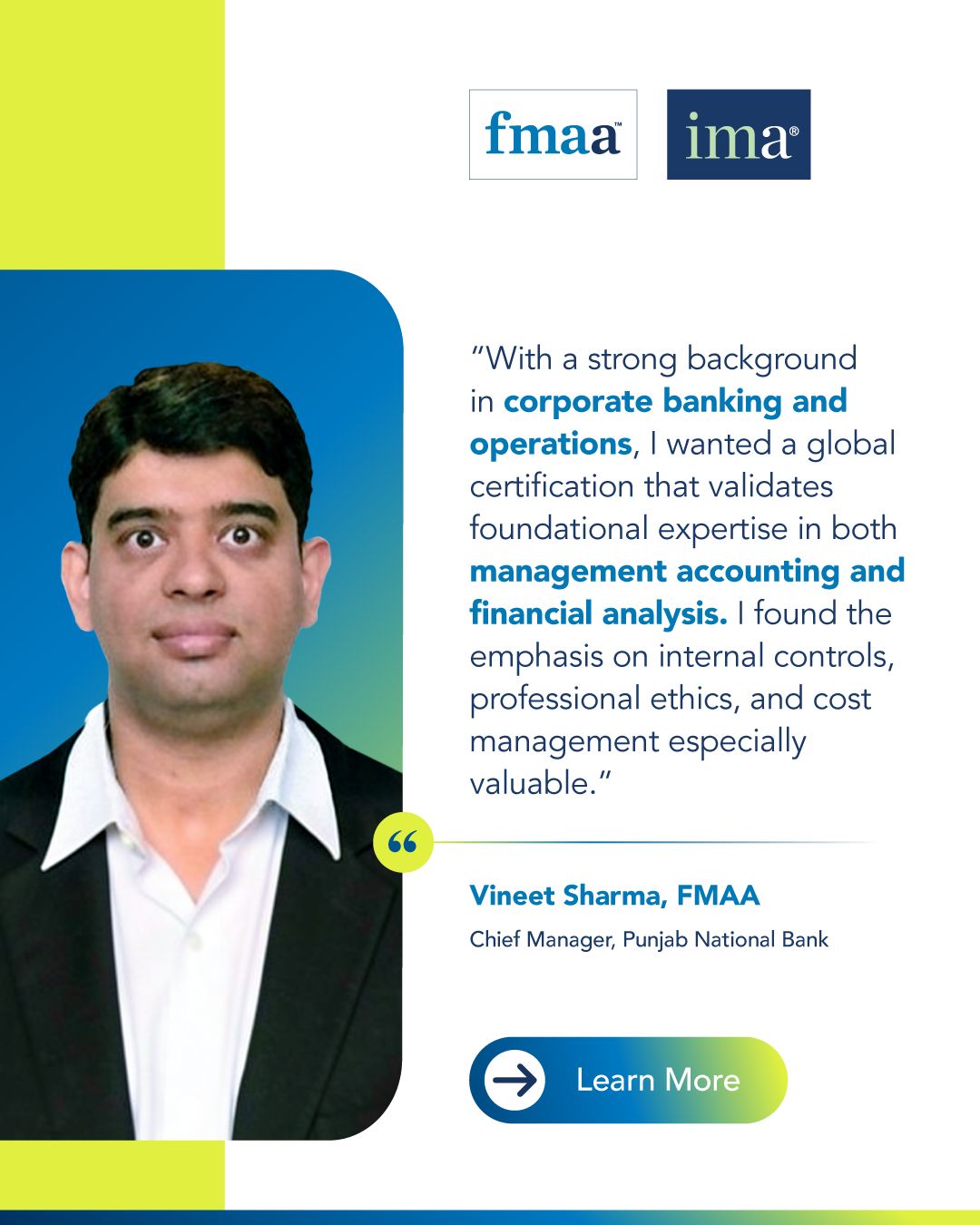 IMA India Facebook ad: For Vineet Sharma, FMAA, CFE, Chief Manager at…