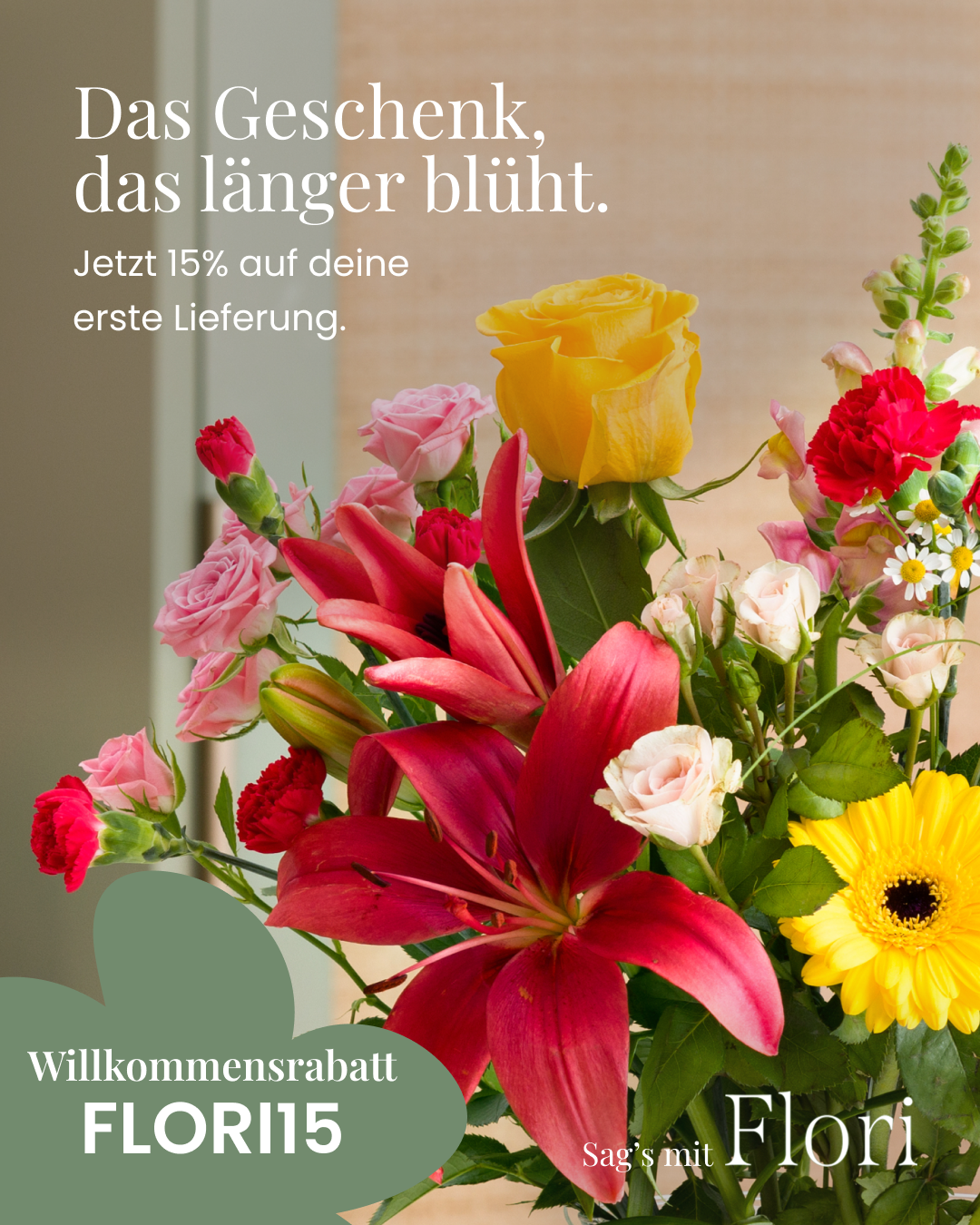 Flori.at Facebook ad: 15% Rabatt auf deine erste Lieferung