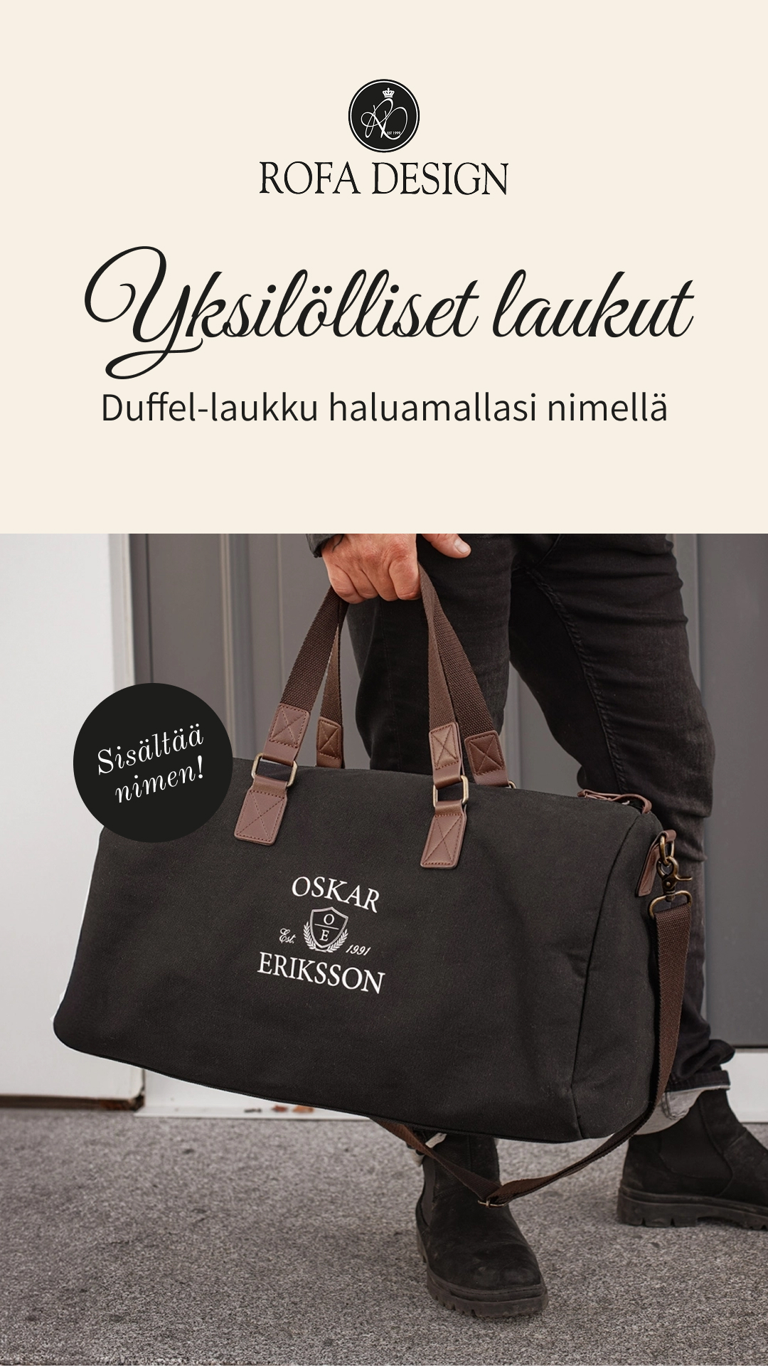 Rofa Design Facebook ad: Laukku nimellä