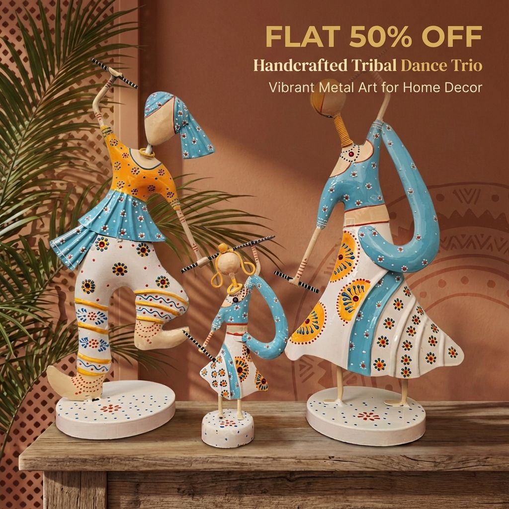 Handicrafy Facebook ad: Handcrafted Tribal Dance Trio Sculpture - Vibrant Metal…