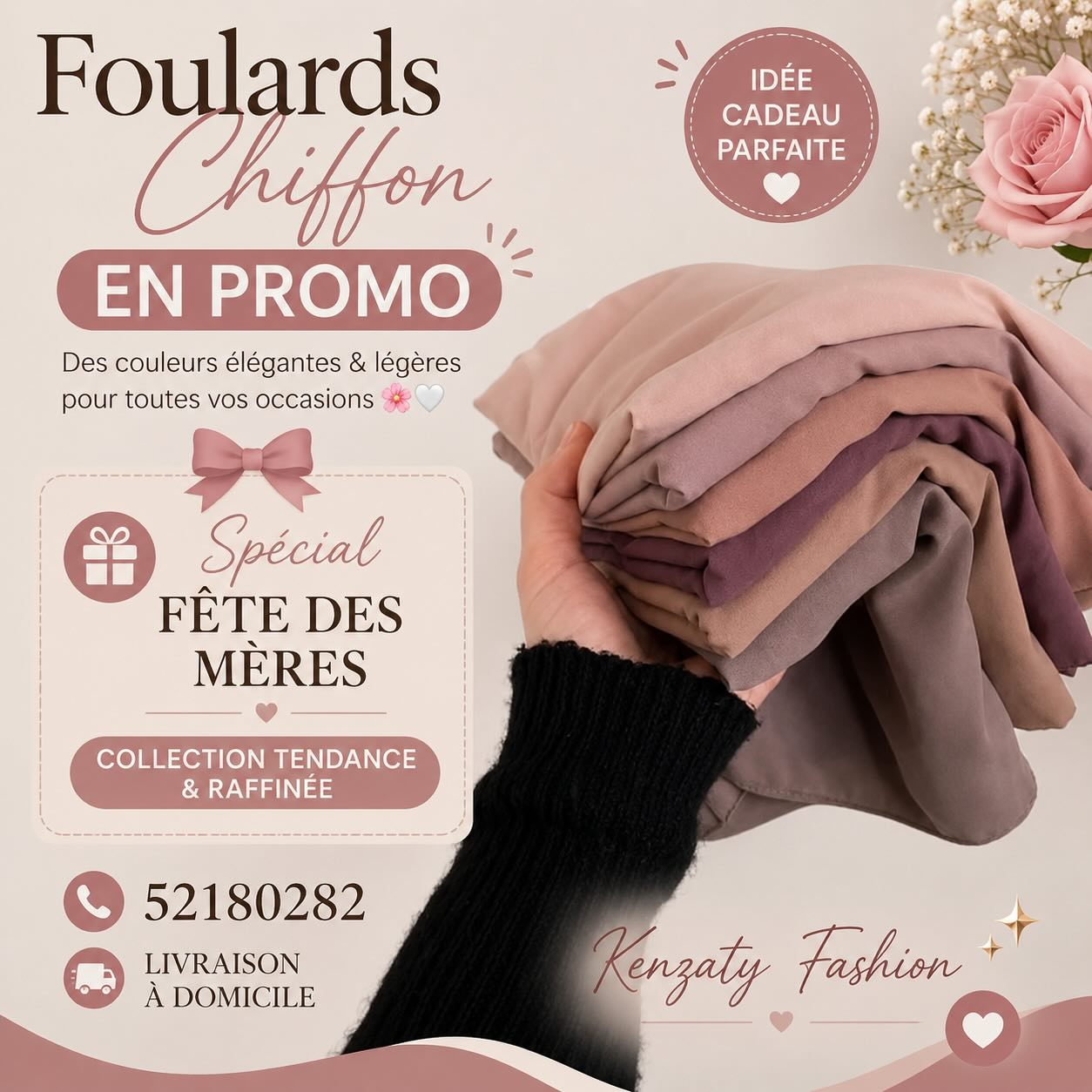 Kenzaty fashion Facebook ad: Des foulards disponibles en carré chiffon & coton