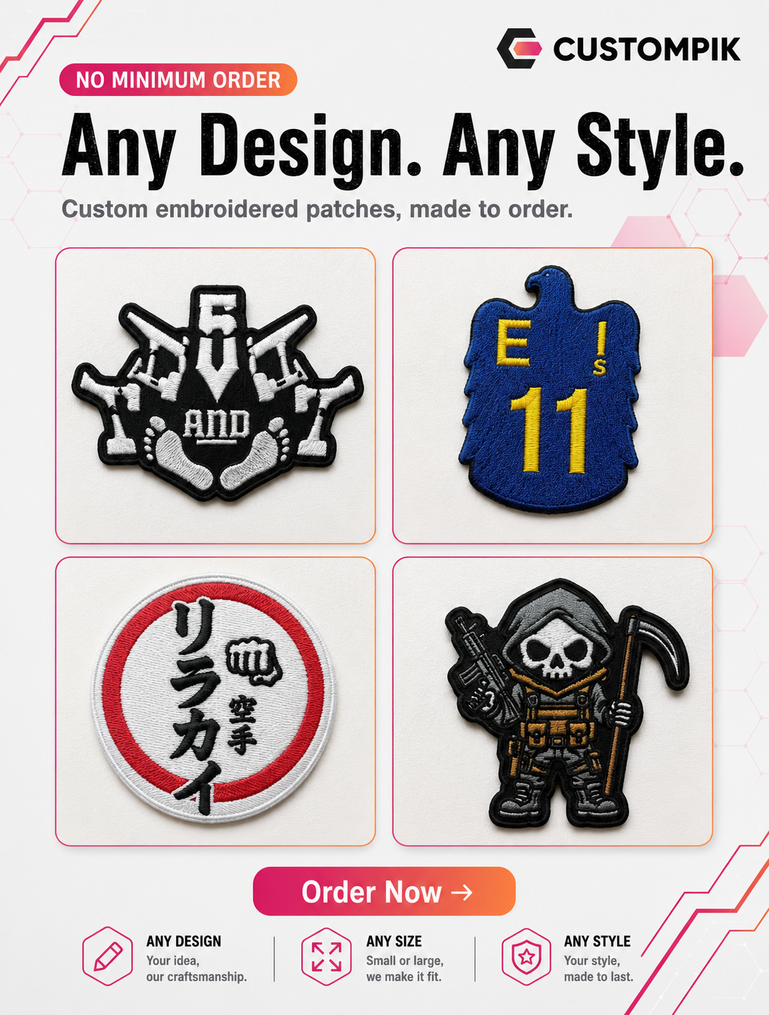 Custompik Facebook ad: Custom Patches, No MOQ