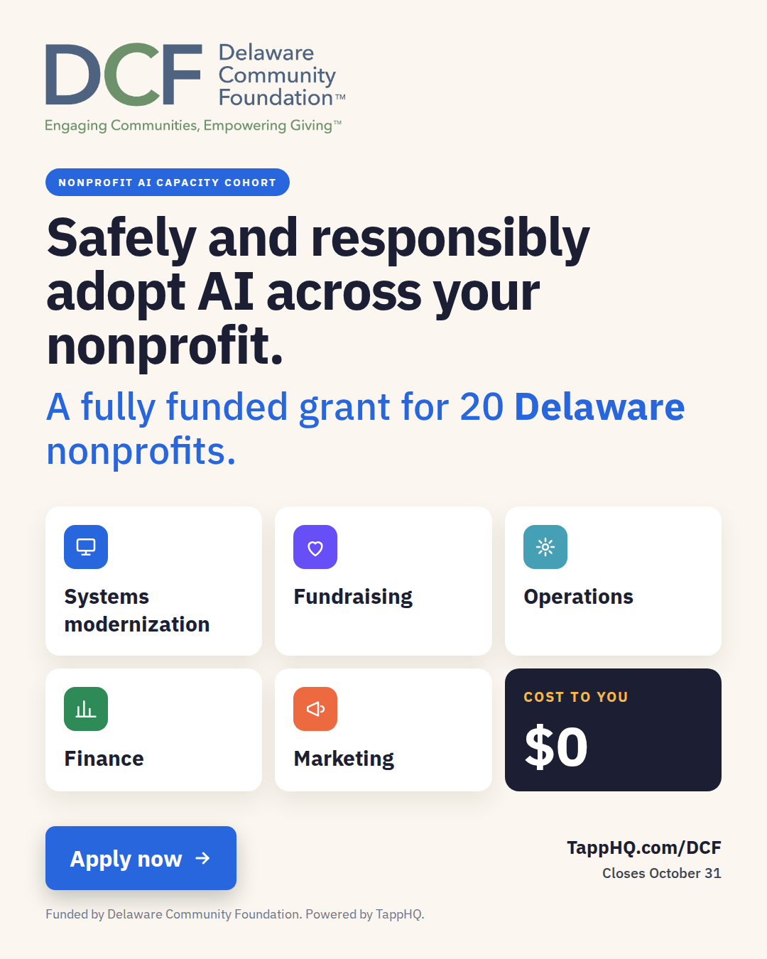 TappHQ - The Operational Intelligence Platform for Mission-Driven Orgs Facebook ad: Adopt AI safely, fully funded